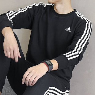 纯棉黑色三条纹针织加绒套头衫 阿迪达斯卫衣男装 时尚 2024冬季 新款