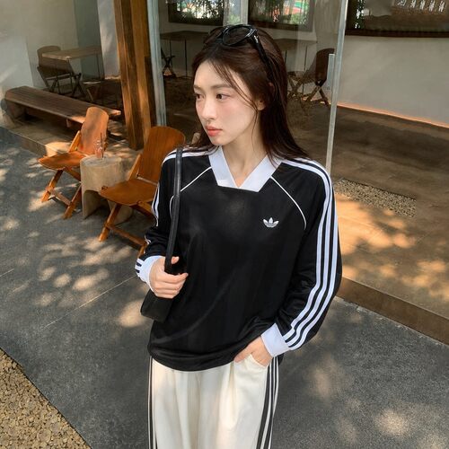 adidas阿迪达斯三叶草宽松球衣长袖T恤26春女装黑色套头衫KD2897