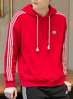 阿迪达斯三叶新年款红色连帽卫衣马年本命年春季针织套头衫KT0646