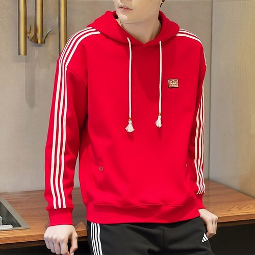 阿迪达斯三叶新年款红色连帽卫衣马年本命年春季针织套头衫KT0646