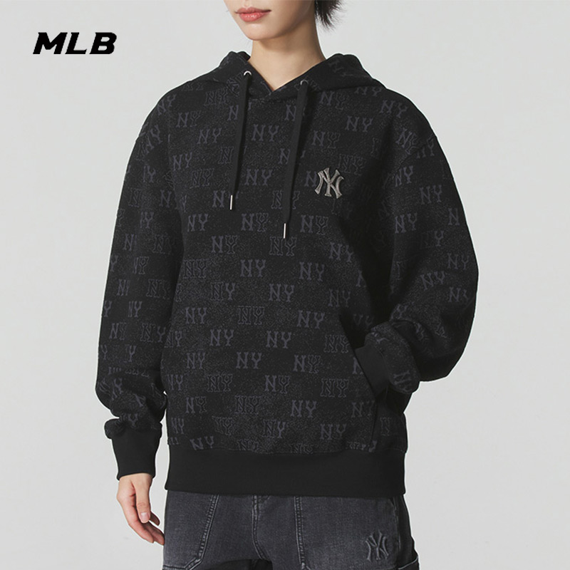 MLB官方NY黑色卫衣男女装2025冬季新款运动服情侣套头衫3AHDM0154