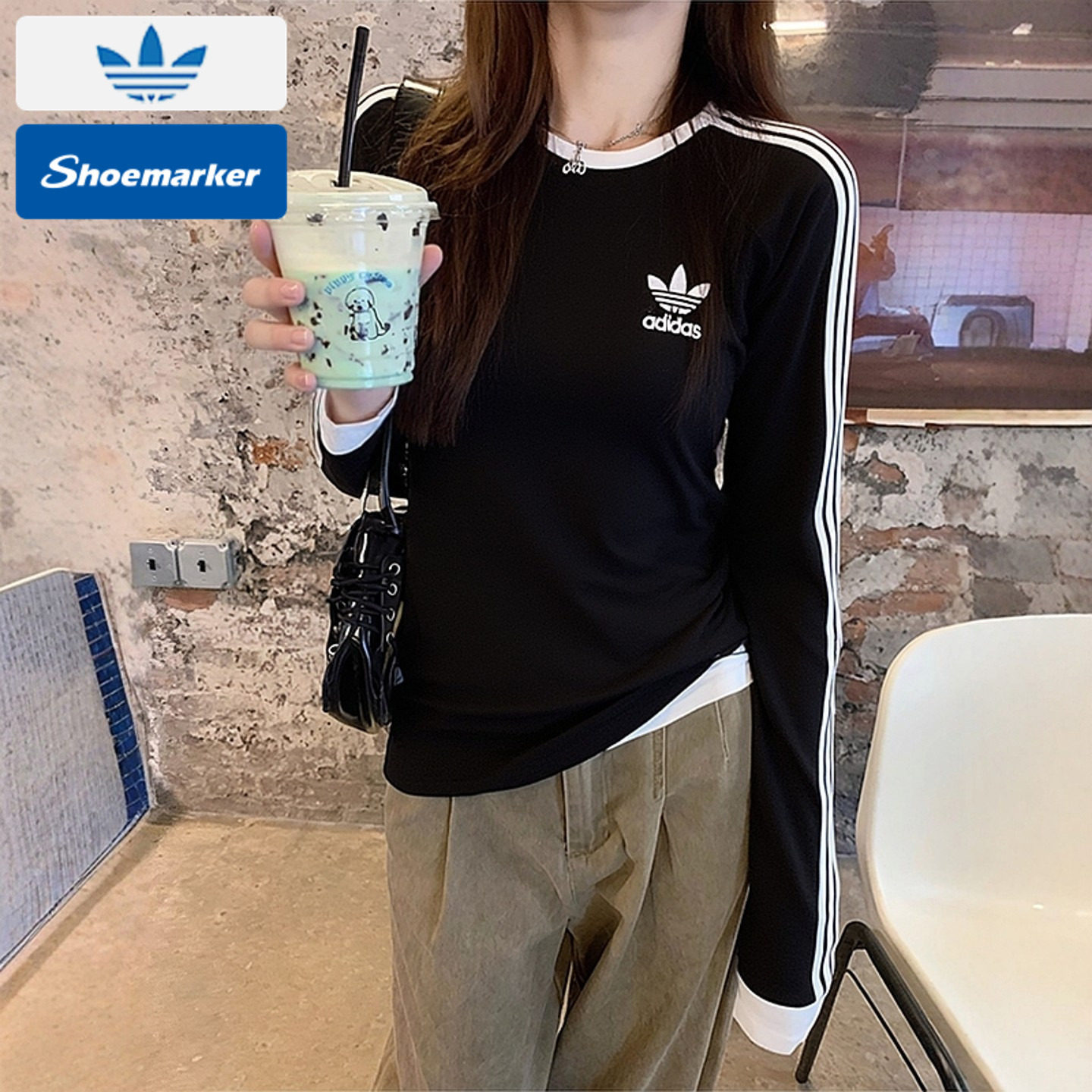 Adidas三叶草长袖T恤女装2026春季新款黑色宽松阿迪达斯上衣卫衣