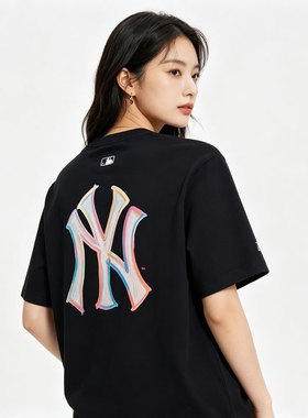MLB官方正品T恤衫女装夏季新款圆领透气休闲上衣黑色舒适运动短袖