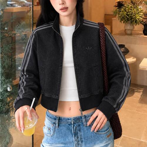 阿迪达斯三叶草女士运动立领夹克秋季新款韩版三条纹纯棉牛仔外套