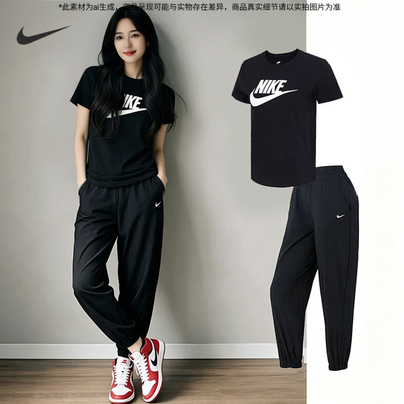 耐克运动套装女2026新款夏季跑步服宽松纯棉透气短袖T恤束脚长裤