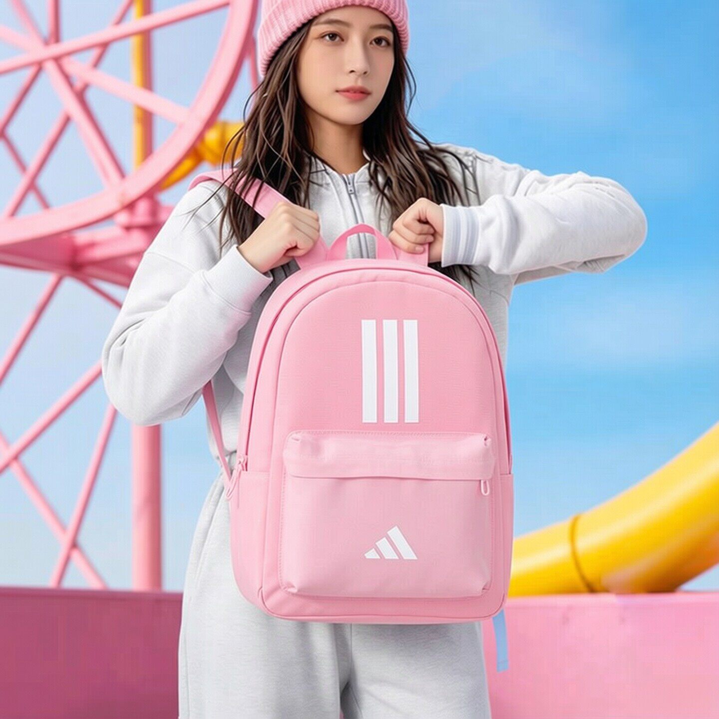 阿迪达斯粉色书包女包2026新款旅行背包电脑包运动包大容量双肩包