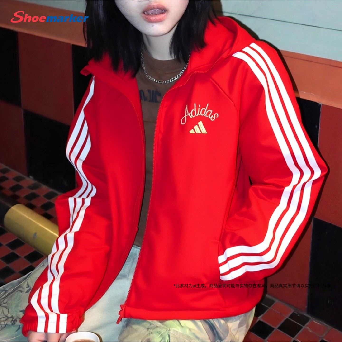 Adidas阿迪达斯红色连帽外套女款2025夏季新款运动保暖夹克KU8972