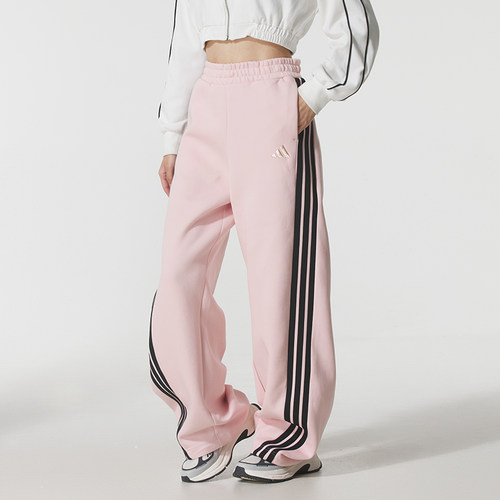 Adidas阿迪达斯弯刀裤女裤粉色长裤2025冬季新款时尚三条纹香蕉裤