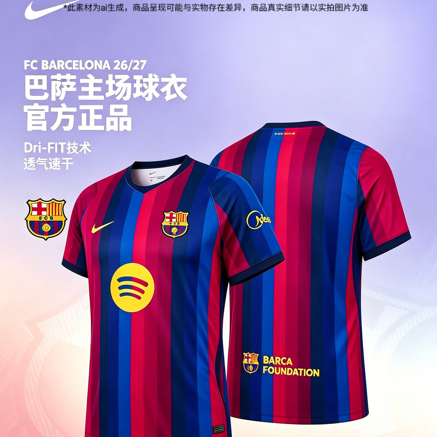 耐克nike男子夏季巴塞罗那主场球衣2026新款服球迷版速干足球服