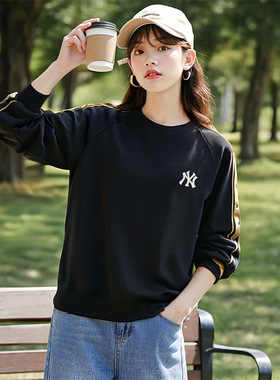 MLB官方NY黑色套头衫2025冬季新款男女装宽松运动服卫衣3AMTM0954