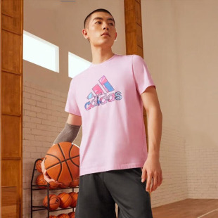 透气运动服宽松T恤衫 Adidas阿迪达斯粉色篮球短袖 新款 男夏季 半袖