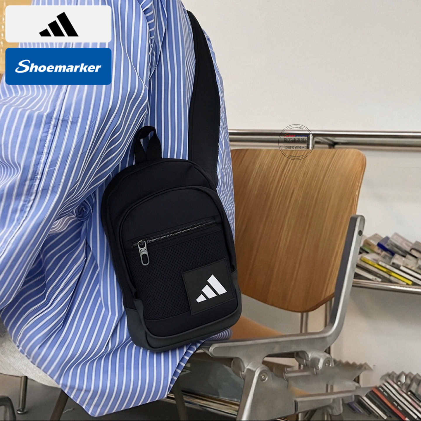 Adidas阿迪达斯黑色单肩包男女运动休闲小包斜挎包户外便携背包