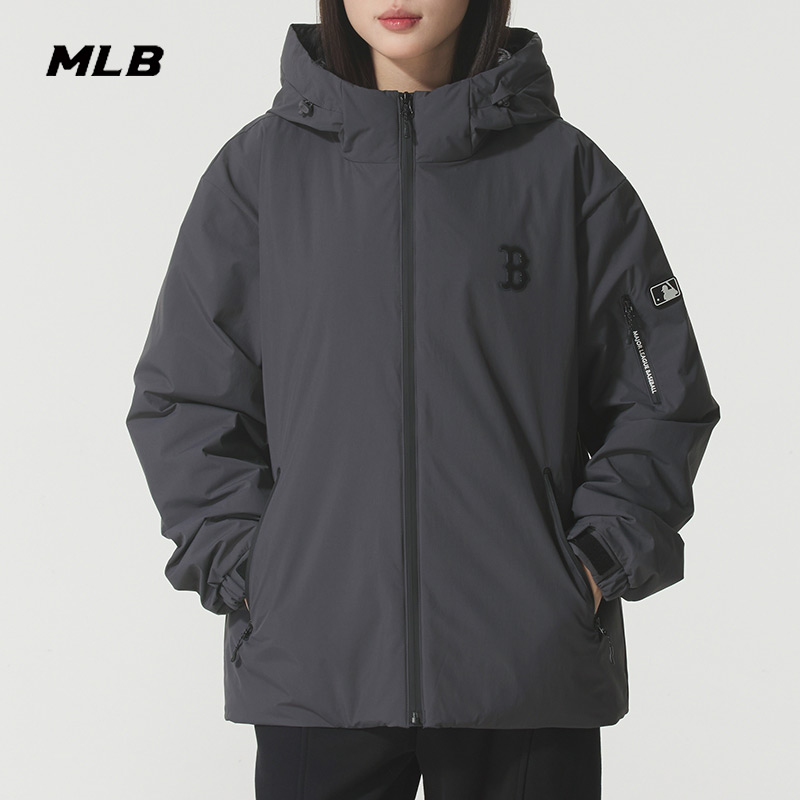 MLB保暖男女羽绒服2025冬季新款宽松连帽运动服灰色外套3ADJB0156