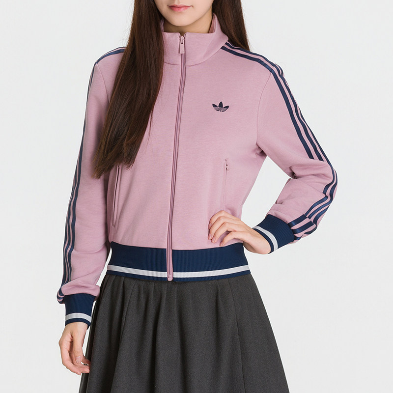 阿迪达斯女士运动服春秋款针织立领夹克复古条纹宽松休闲外套