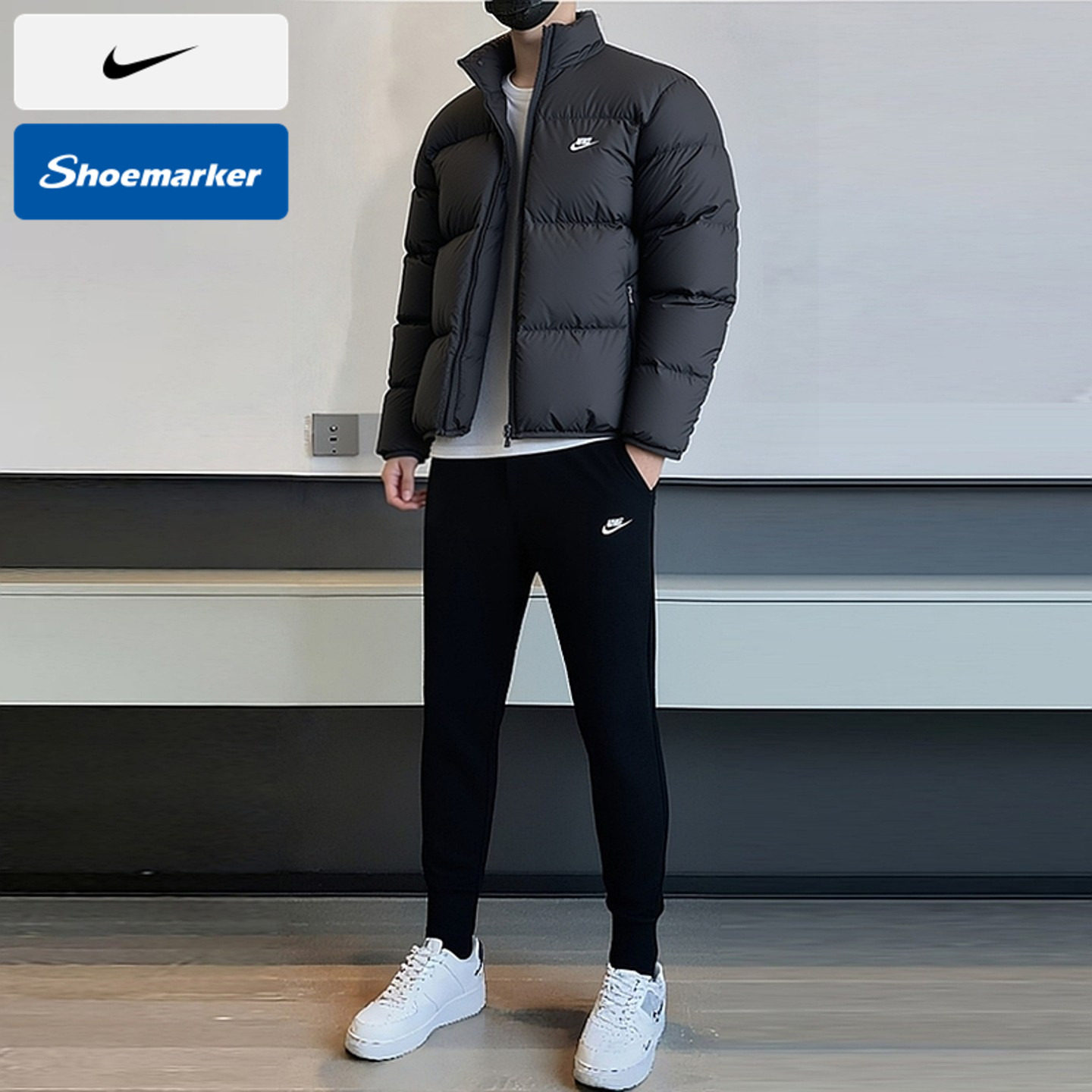 Nike耐克运动套装男秋冬新款立领羽绒服面包服加绒保暖针织束脚裤