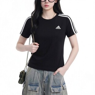 阿迪达斯女款短袖春季新款经典三条纹圆领半袖黑色纯棉运动T恤女