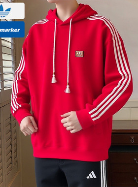 阿迪达斯三叶草马年新年款本命年红色卫衣男上衣针织套头衫KT0646