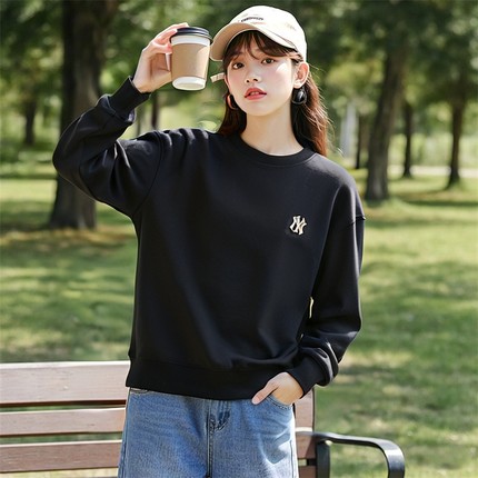 MLB情侣黑色卫衣2025冬季新款运动服圆领宽松男女套头衫3AMTB0154