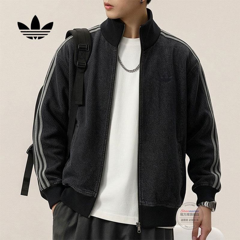 阿迪达斯三叶草外套男装26春季新款运动服三条纹牛仔翻领夹克上衣