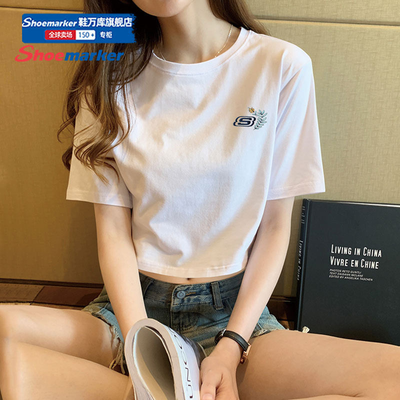 斯凯奇官方夏新款纯棉女子T恤衫花朵刺绣短袖休闲运动服内搭上衣