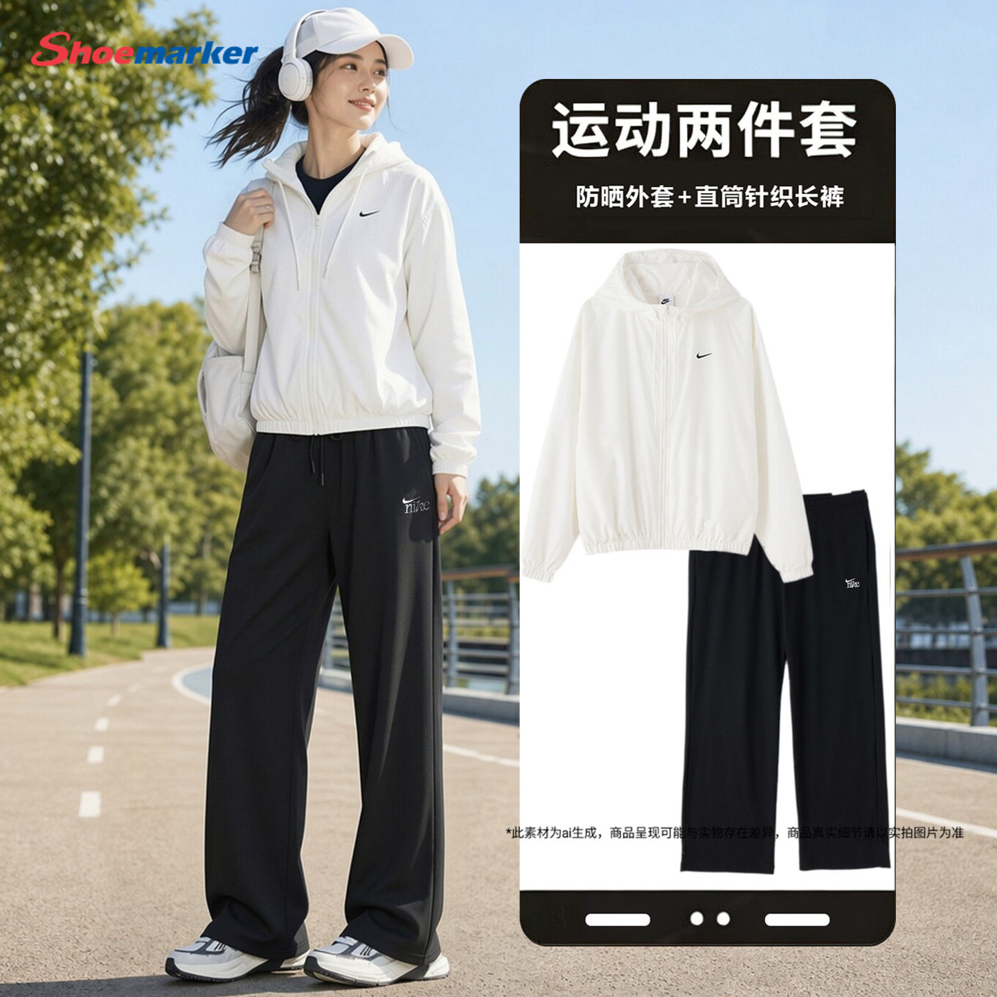 耐克女士运动套装夏季新款白色防晒连帽外套跑步透气直筒休闲长裤