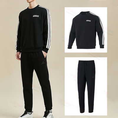 阿迪达斯运动服套装2025冬季新款男士卫衣套头衫黑色长裤休闲卫裤