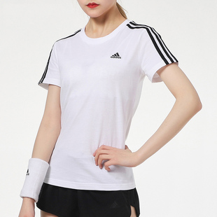 短袖 三条纹圆领半袖 春季 经典 白色纯棉运动T恤女 新款 阿迪达斯女款