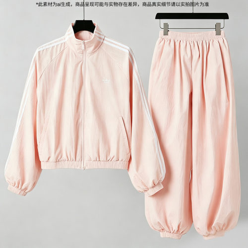 阿迪达斯三叶草女士运动套装夏季新款粉色夹克宽松三条纹休闲长裤
