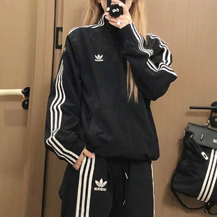 阿迪达斯三叶草女款外套夏季新款王鹤棣同款立领复古休闲韩版夹克