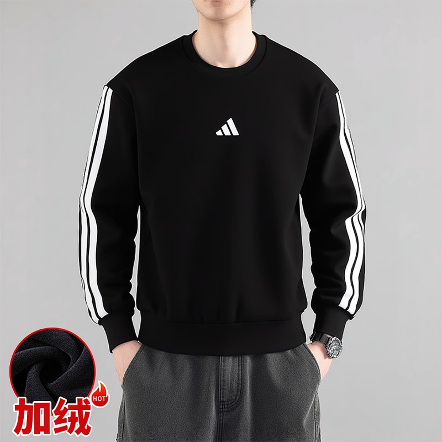 阿迪达斯加绒卫衣男装2025冬季新款运动服健身训练黑色休闲套头衫