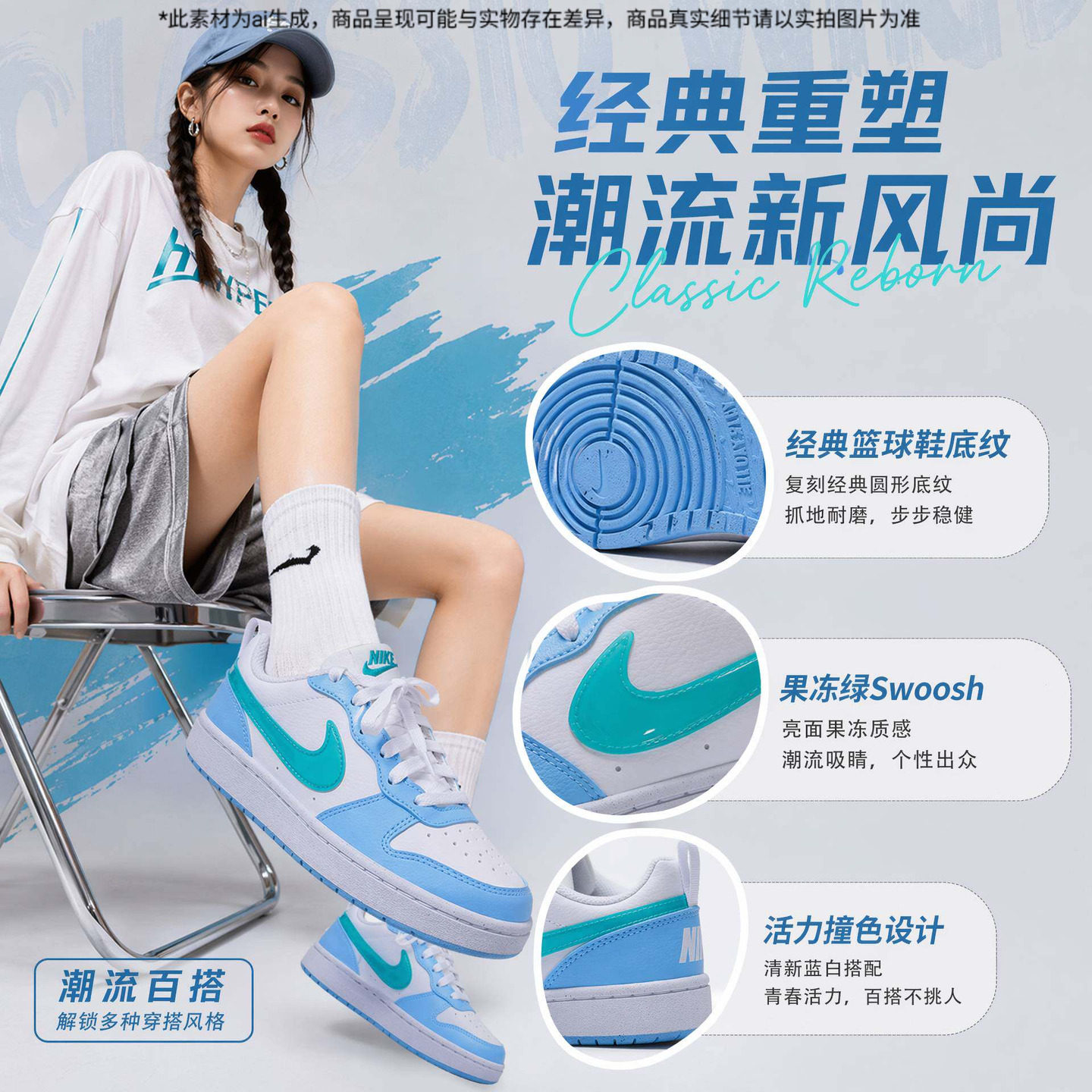 耐克nike女鞋低帮板鞋大童鞋2026新款复古运动鞋天蓝色低帮板鞋