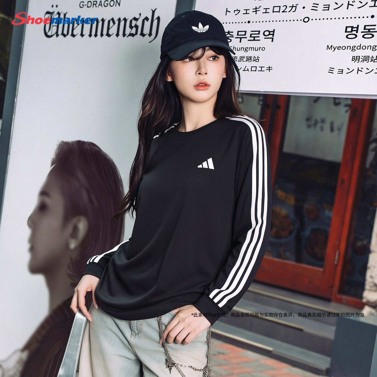 阿迪达斯长袖T恤正品女装2026秋季新款针织卫衣三条纹休闲运动服