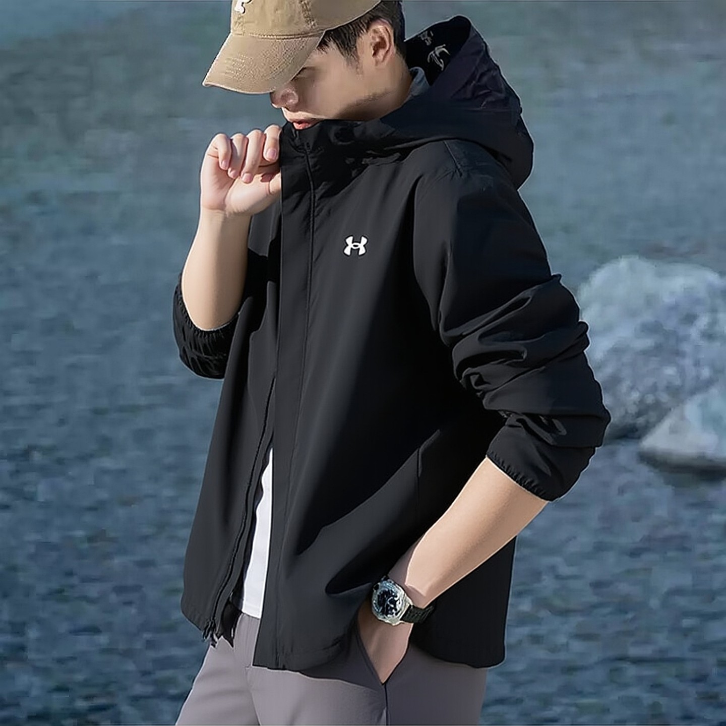 安德玛UA正品外套男装 25冬季新款跑步健身运动服梭织连帽夹克