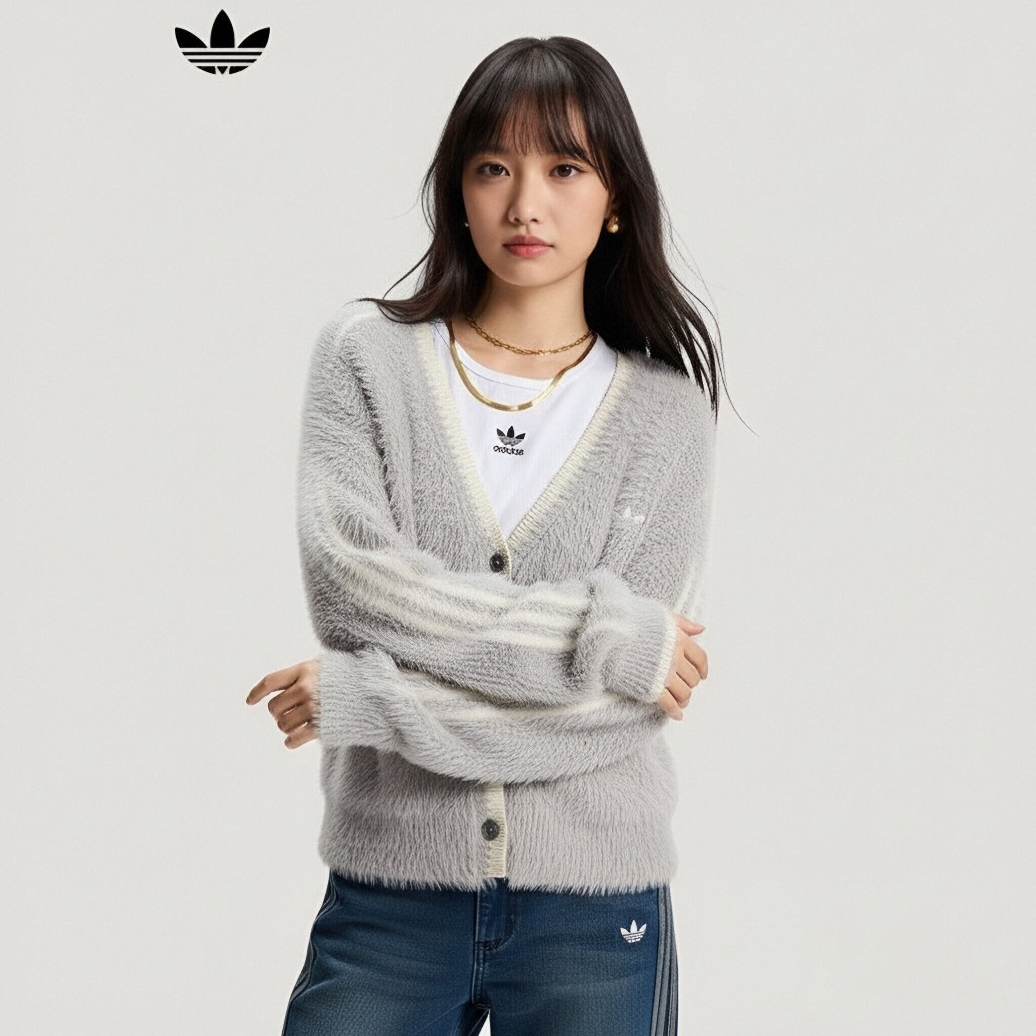 阿迪达斯三叶草毛绒衫短款春季新款时尚潮流小外套外搭线衫KT3170