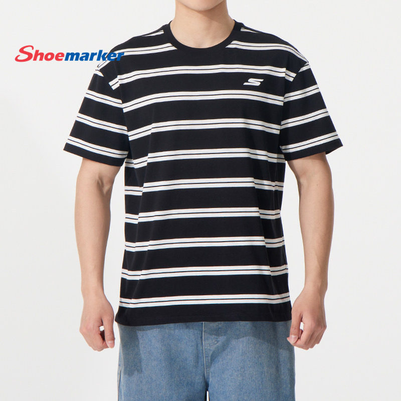 斯凯奇黑白条纹T恤男装女装2025夏季新款运动服针织短袖透气上衣