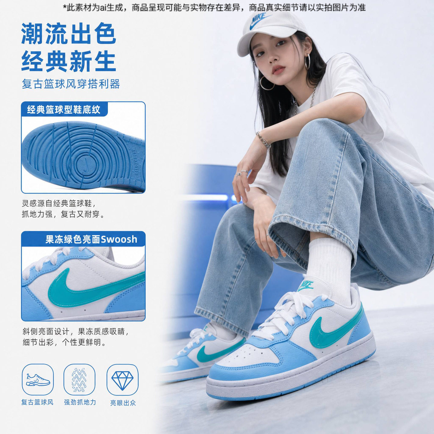 耐克nike低帮板鞋女鞋大童鞋2026夏季新款运动鞋天蓝色低帮板鞋