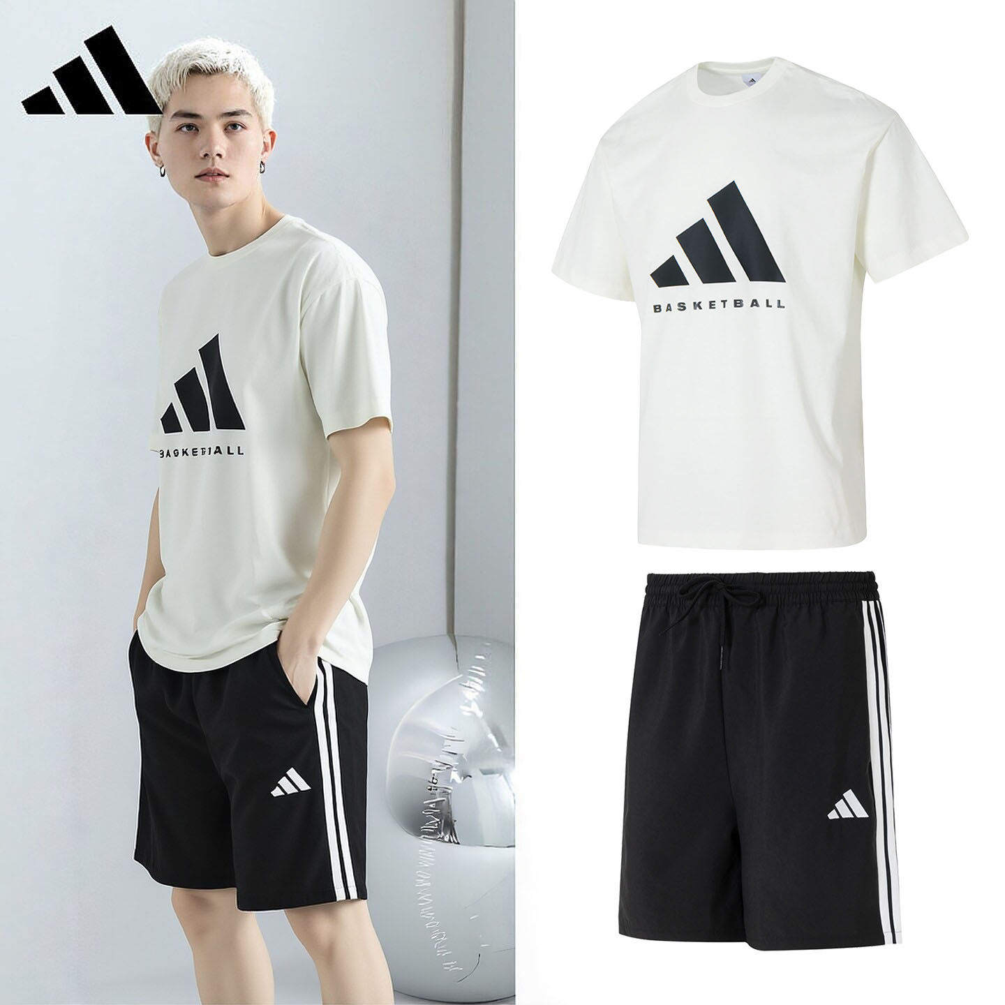 Adidas阿迪达斯三条纹运动套装2026春夏新款纯棉T恤长裤两件套男