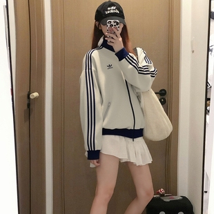 阿迪达斯三叶草立领外套男秋季 华夫格宽松休闲运动夹克KC2618 新款