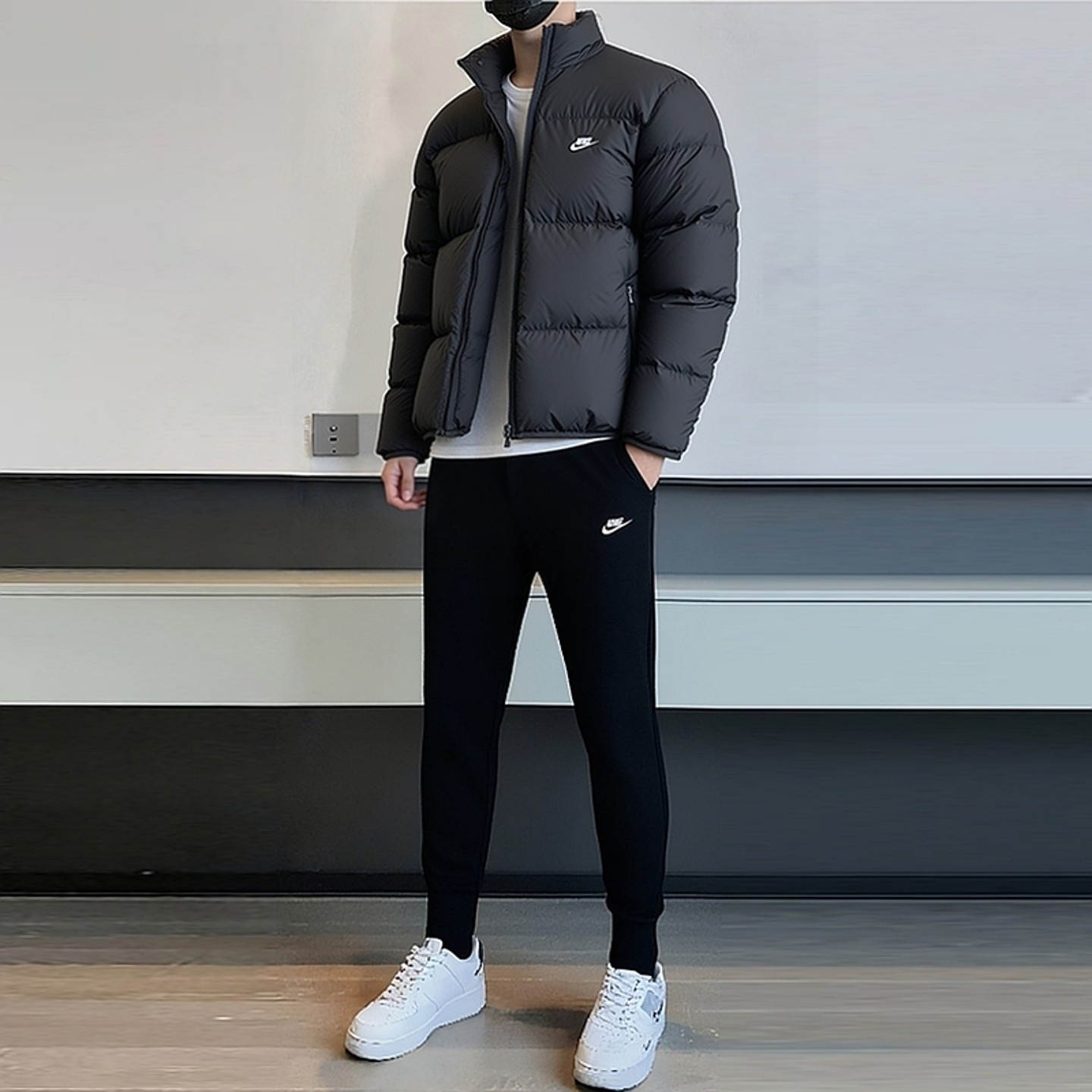 Nike耐克运动套装男秋冬新款立领羽绒服面包服加绒保暖针织束脚裤