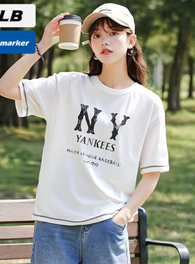 MLB官方NY白色宽松T恤2025冬季新款运动服透气男女短袖3ATSB1153
