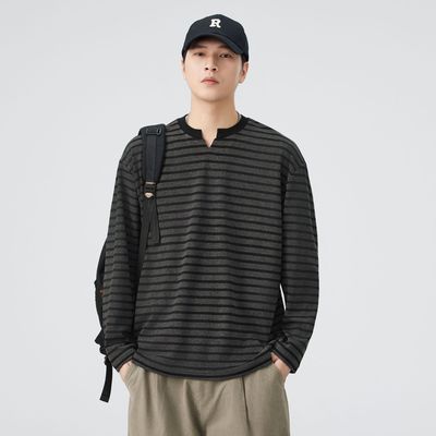 美式复古V领条纹长袖男恤