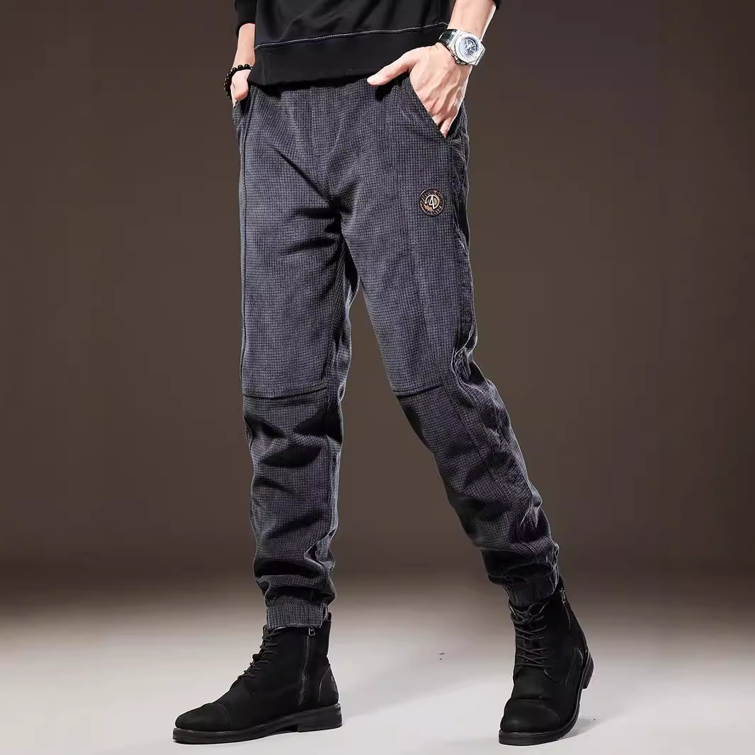 高端重磅格子加绒男卫裤