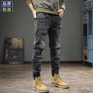 小脚破洞补丁直筒长裤 美式 潮牌修身 男春季 高街复古水洗泼墨牛仔裤