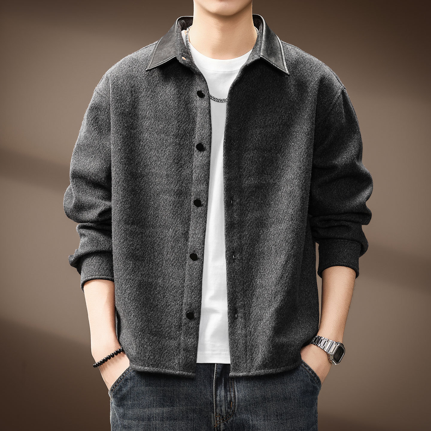 日系复古羊毛翻领男衬衫外套