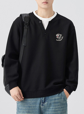 黑色假两件长袖卫衣男款春秋2025新款宽松潮牌小V领休闲外套秋季