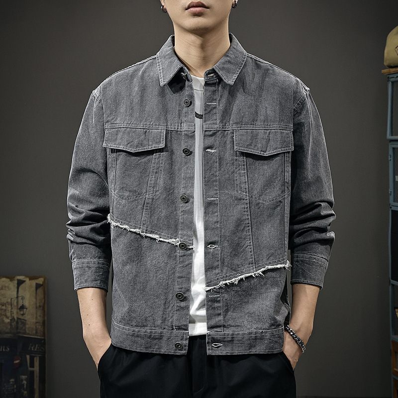 秋季拼接毛边牛仔夹克男