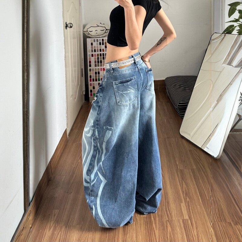 高街破洞弯刀阔腿牛仔裤女大码