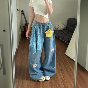大码女高腰显瘦猫咪牛仔阔腿裤