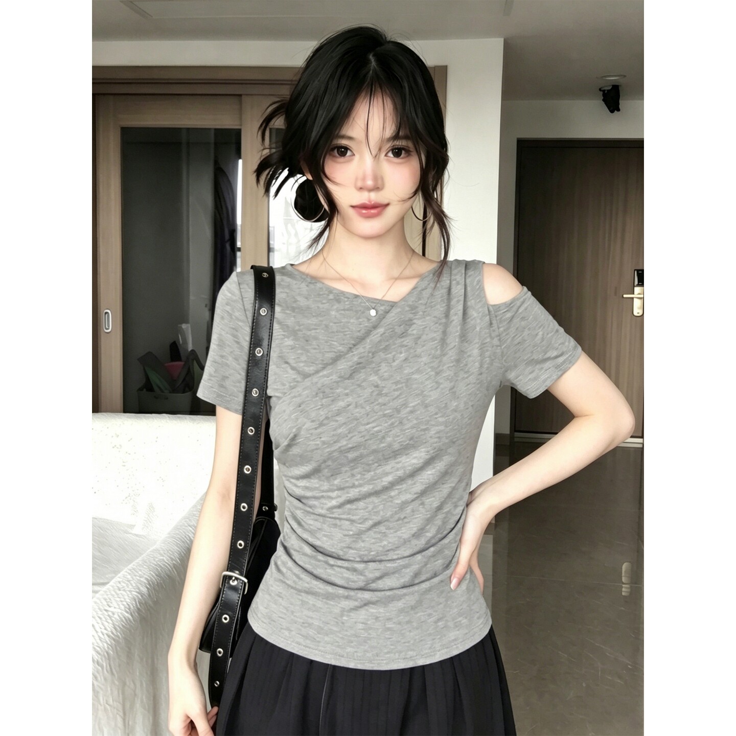 夏季斜肩褶皱短袖T恤大码显瘦