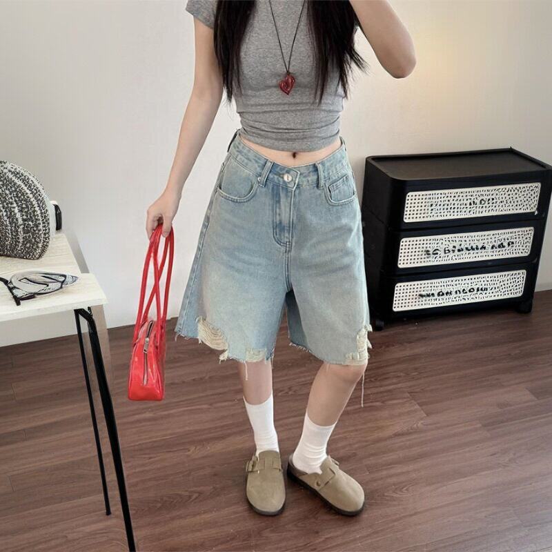 高腰破洞显瘦五分牛仔短裤女